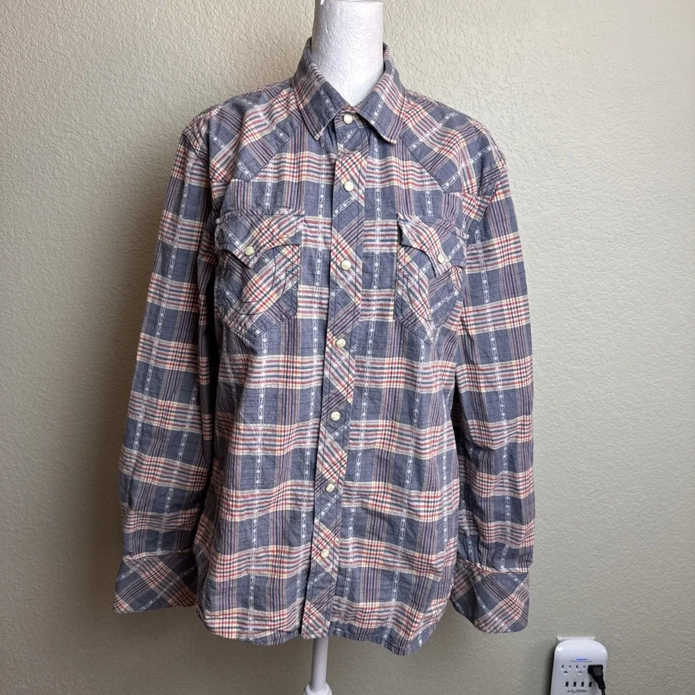 True Religion Men's Plaid Pearl Snap Western Button Up Shirt‎ Gray Orange M